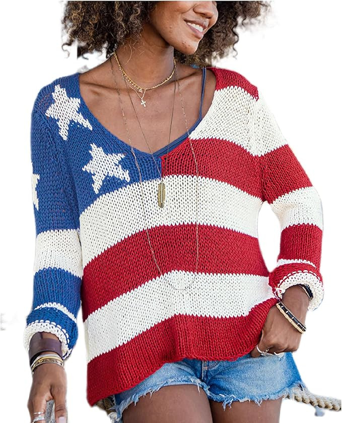 Women American Flag Summer Knit Sweater 4th of July Gift Long Sleeve Loose Outfits Vintage Hollow... | Amazon (US)