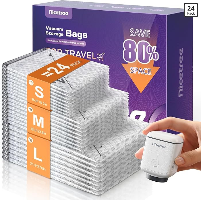 Nicetree 24-Pack Vacuum Storage Bags with Rechargeable Wireless Pump | 3 Sizes (20/24/28 Inch) Tr... | Amazon (US)