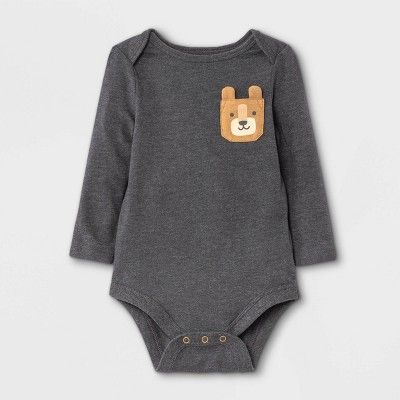 Baby Boys' Animal Long Sleeve Bodysuit with Pocket - Cat & Jack™ Charcoal Gray | Target