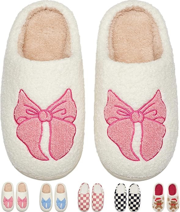 Cute Bow House Slippers Memory Foam Fuzzy Shoes for Women Non-Slip Warm Indoor Outdoor | Amazon (US)