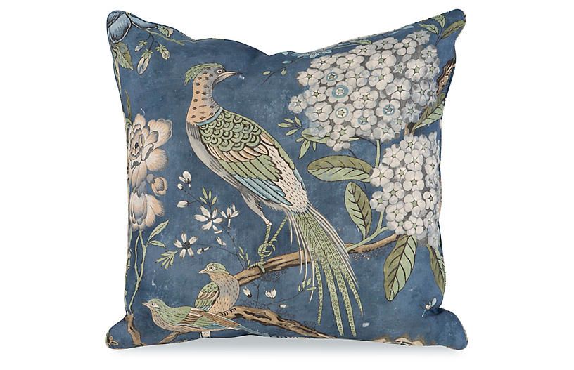 Floral Pheasant Pillow, Blue | One Kings Lane
