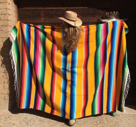 Large Mexican serape blanket yellow bed covering beach blanket picnic or camping blanket rustic home | Etsy (US)