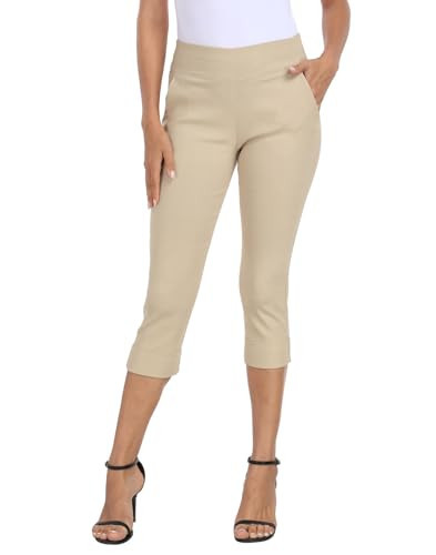 HDE Pull On Capri Pants for Women 19" Inseam Cropped Dress Pants with Pockets Khaki - XXL | Amazon (US)