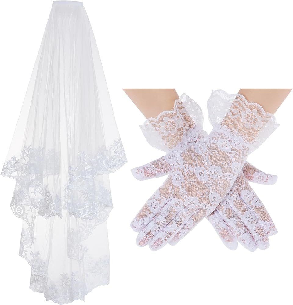jiebor White Lace Wedding Veil Halloween Bridal Chapel Veil with Gloves for Women Brides Wedding ... | Amazon (US)