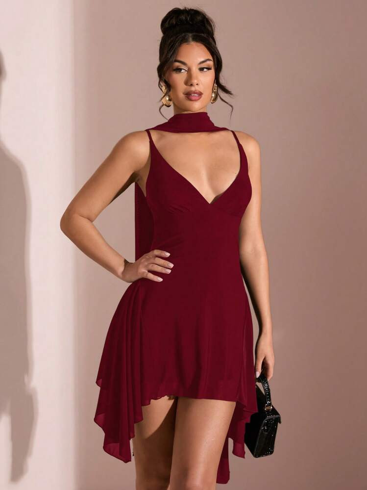 SHEIN BAE Summer Beach Vacation Elegant Solid Black Deep V-Neck Ribbon Mini Dress, Suitable For Daily Dating, Night Out, Nightclubs, Parties, Get-Togethers, Cocktail Parties, Holiday Jumpsuits, Pool Parties, Office Wear, Commuter Dresses,Rave Outfits Festival,Valentine's Day,Valentine Outfits For Women | SHEIN