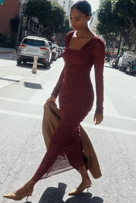 By Anthropologie Long-Sleeve Ruched Slim Midi Dress | Anthropologie (US)