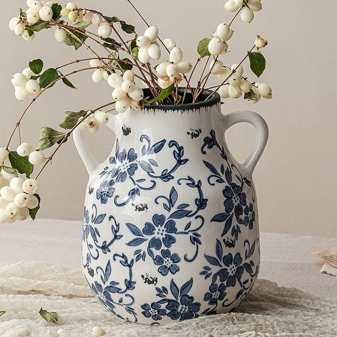 Blue and White Vintage Round Flower Vase with 2 Handles, Chinoiserie Floral Vase, Retro Ice Crack... | Amazon (US)