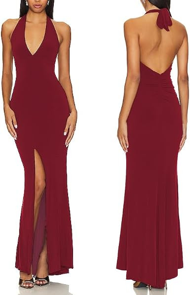 Aigeman Women's Sexy Deep V-Neck Halter Evening Gown High Split Backless Maxi Dress Bodycon Forma... | Amazon (US)