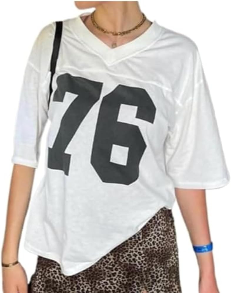 Oversized Jersey Women Summer Tops 2024 Grunge Graphic Tees Y2k Streetwear Short Sleeve Shirts | Amazon (US)
