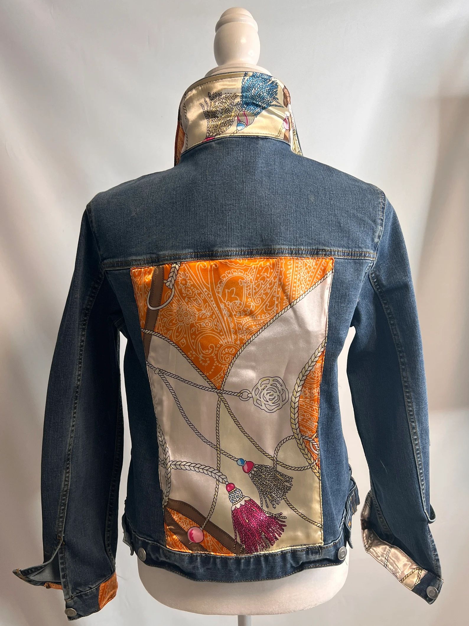 Pink and Blue Tassels Denim Jacket Silk Scarf Designer Scarf Jean Jacket Women's Ladies Sewn Sati... | Etsy (US)