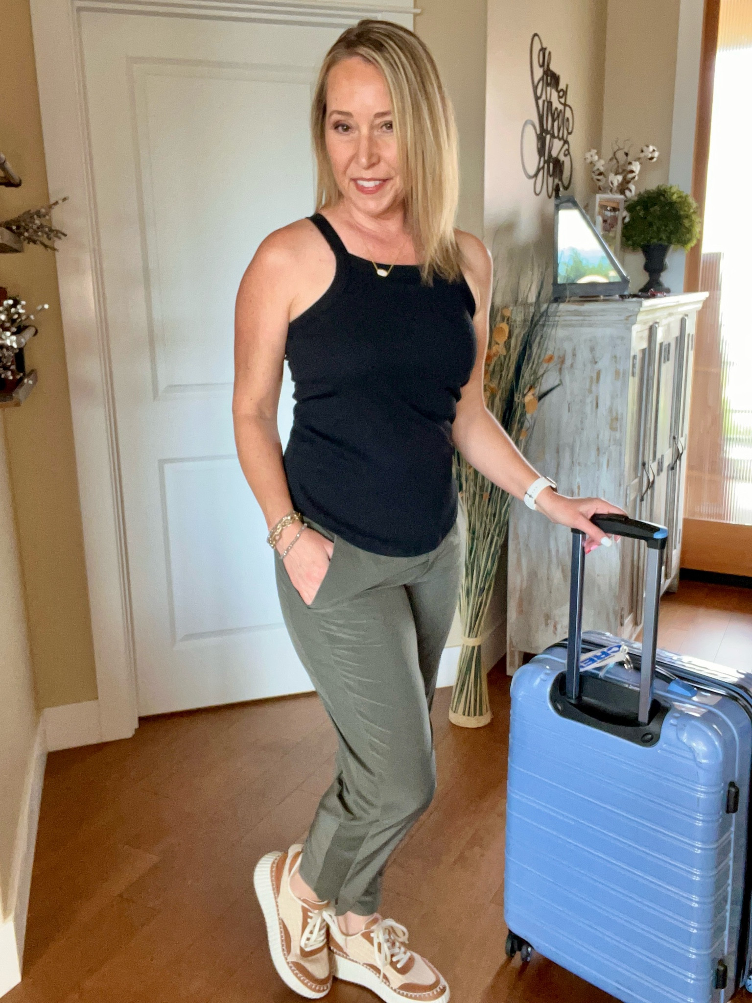 15% off code jennifer15
My Favorite Travel outfits always include a Shebird top which has a comfortable and supportive built in bra!
Black tank top
Brooklyn ankle pants 
Joggers Athleta
Travel pants
Platform sneakers
Belt bag lululemon 
Luggage suitcase
White jean denim jacket
Kendra Scott pendant necklace 

#LTKshoecrush #LTKstyletip #LTKtravel