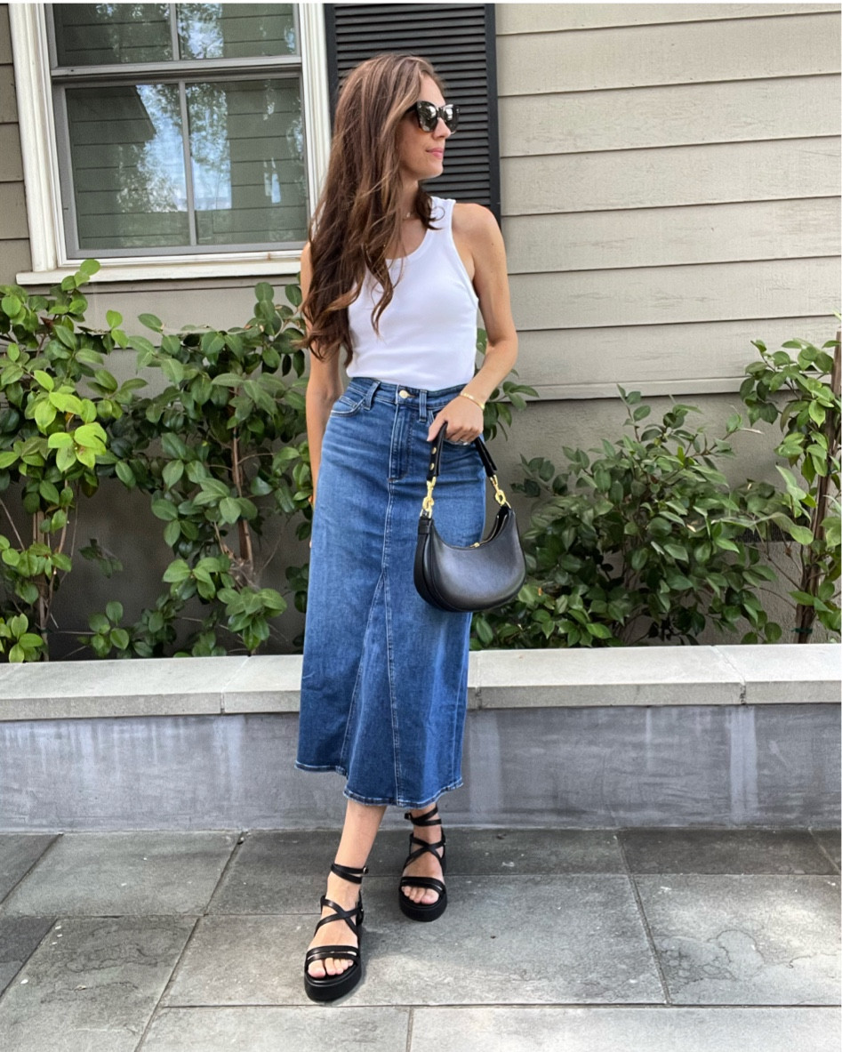 Denim skirts. Happening. Paired with best white tank and strappy black platforms 

#LTKBacktoSchool #LTKshoecrush #LTKstyletip