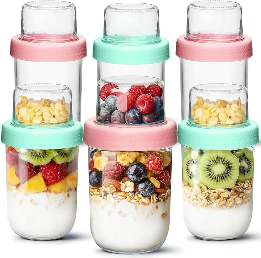 ComSaf Overnight Oats Containers with Lids (16oz+4oz, 6Pcs), Dual-Layer Chia Pudding Jars with Dr... | Amazon (US)