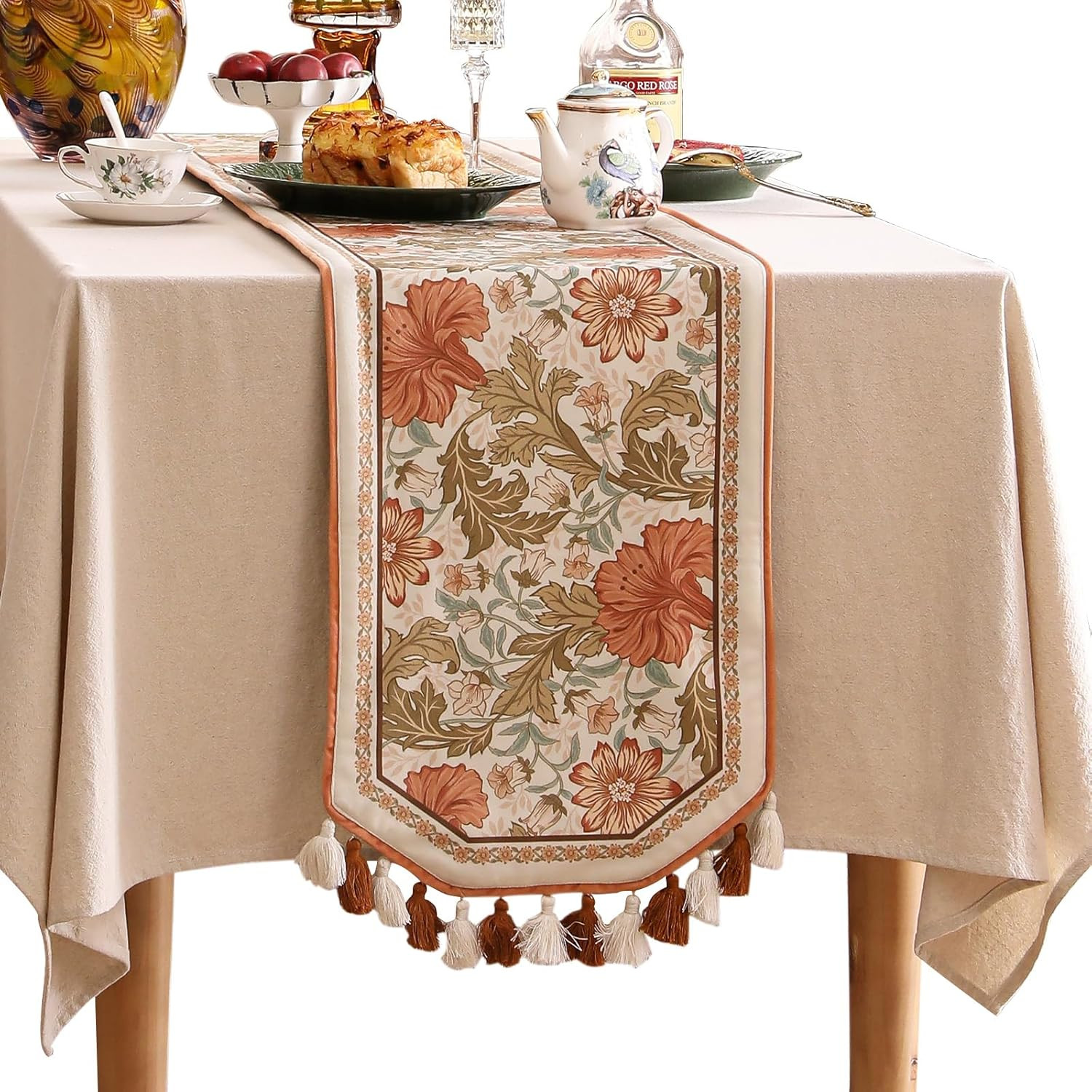 Velvet Fabric Cloth Runner for Table,Rustic Orange Floral 63 Inches Long Table Runners,Decoration... | Amazon (US)