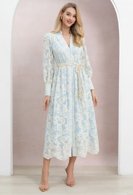 Paisley Embroidery Scalloped Hem Belt Buttoned Maxi Dress for Engagement Photos & Date Nights | Chicwish