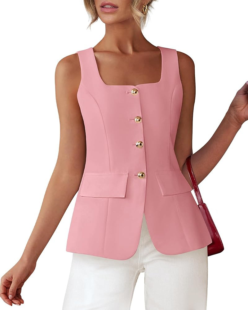 BTFBM Womens Sleeveless Suit Vests Dressy Casual Square Neck Business Work Waistcoat Summer Butto... | Amazon (US)