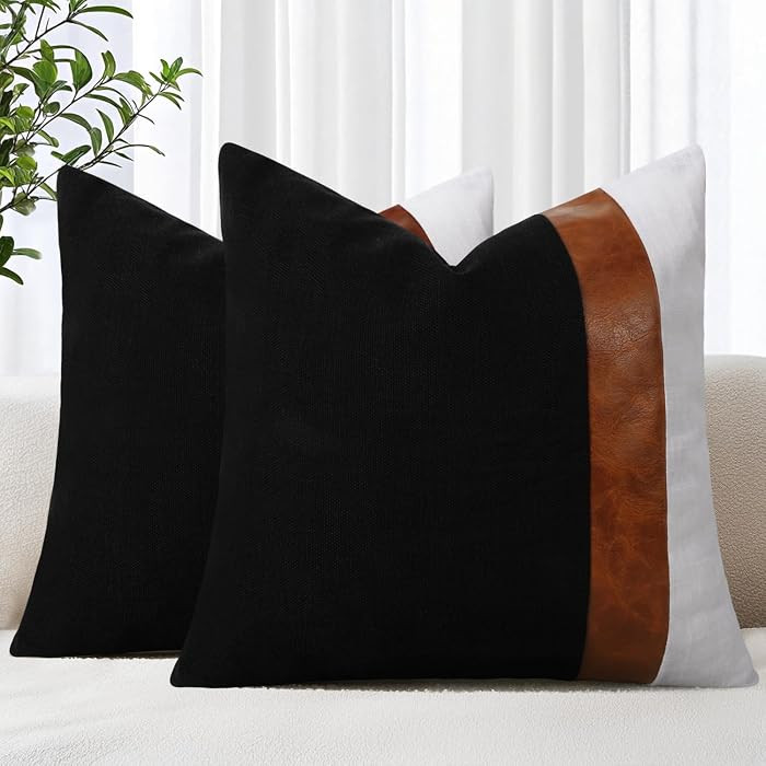 Set of 2 Decorative Throw Pillow Covers 18x18 Inch Black and White Linen Pillowcase with Faux Lea... | Amazon (US)