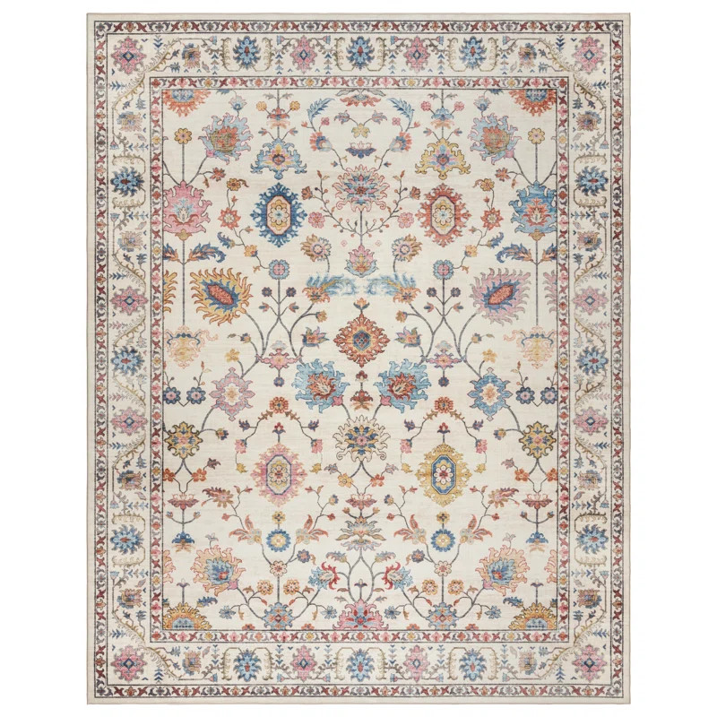 Gertmenian Crystal Print Cullen Washable Digital Print Ivory Floral Area Rug | Wayfair North America