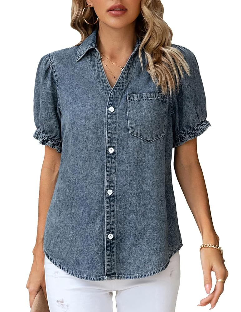 KANCY KOLE Womens Denim Shirts Button Down Short Puff Sleeve Lightweight Jeans Shirts with Pocket... | Amazon (US)
