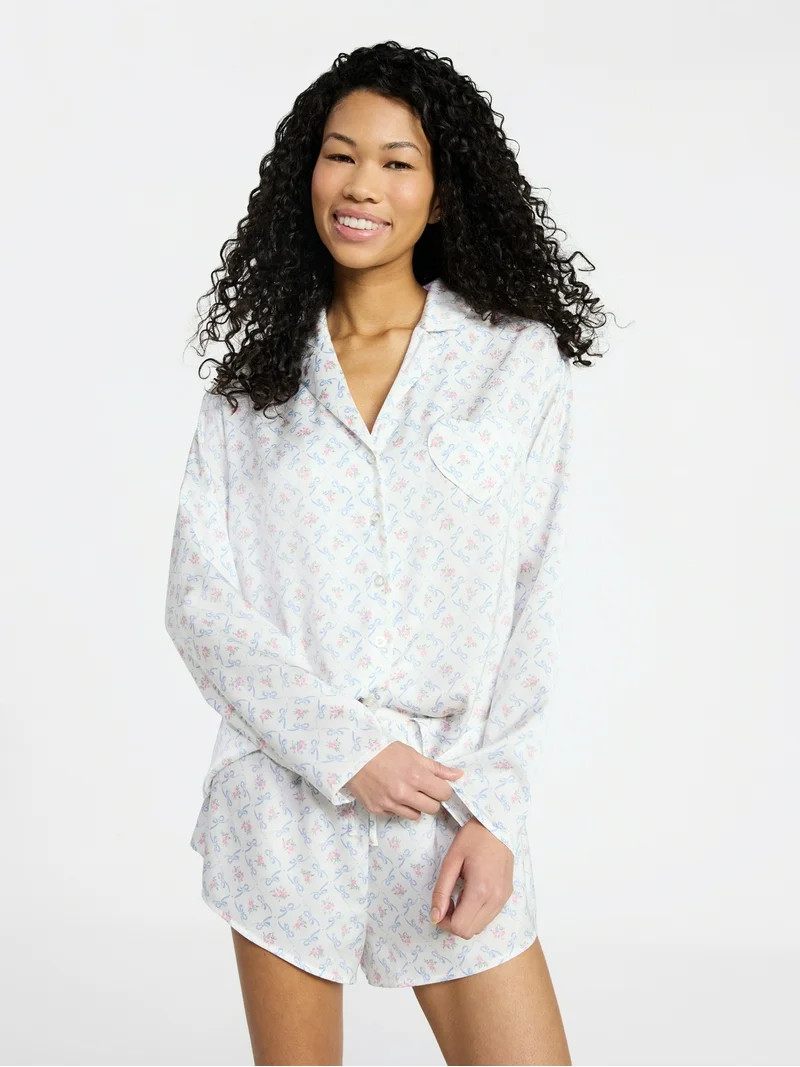 No Boundaries Sleepwear Satin Long Sleeve Button-Up Top and Shorts Set, 2-Piece, Women’s XS-XXL | Walmart (US)