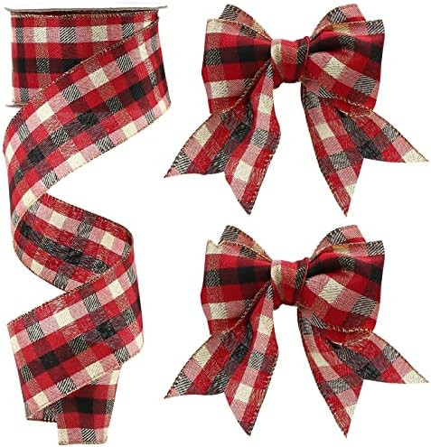 VGOODALL Buffalo Plaid Wired Ribbon Decoration-20 Yards ×2.5 Inch Black Red Gold and White Plaid Rib | Amazon (US)