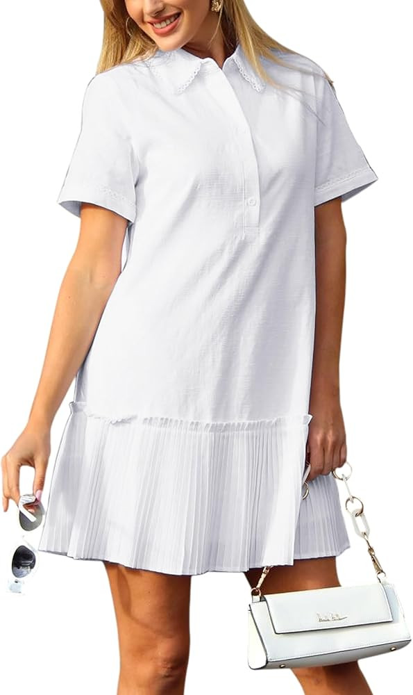 Women Summer Shirt Dress- V Neck Short Sleeve Casual Shift Dresses Button Down Mini Dresses with ... | Amazon (US)