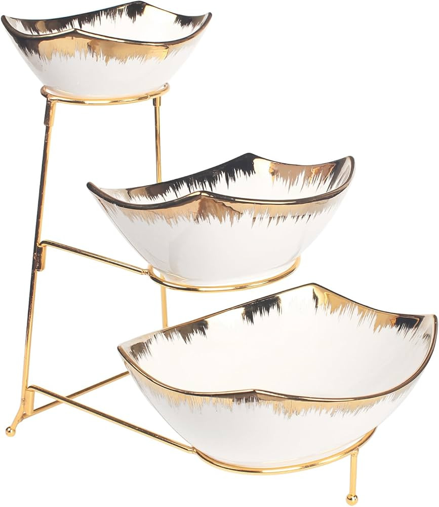 3-Tier Serving Rack with Ceramic Serving Bowls, Foldable Gold Stand with 3 Pieces 7.1"/8.5"/10.2"... | Amazon (US)