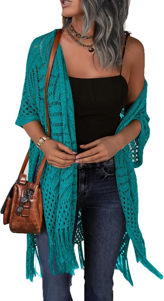 HOTOUCH Womens Knit Cardigan Open Front Outwear Hollow Out Crochet Tassel Lightweight Kimonos Swe... | Amazon (US)