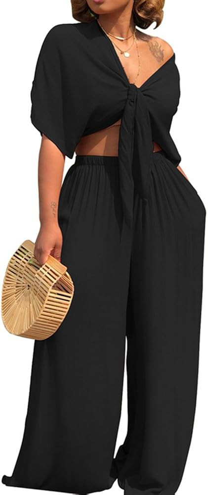 AEL Womens Sexy Tie Crop Top Wide Leg Long Pants 2 Piece Outfits Summer Short Sleeve Jumpsuits Set | Amazon (US)