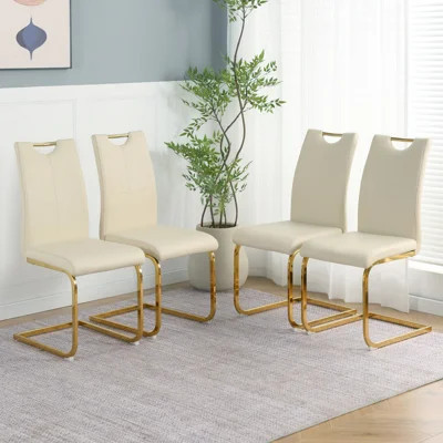 Cream Faux Leather Upholstered Dining Chairs Set of 4, Contemporary Cantilever Side Chairs with Gold Metal Frames, Ergonomic High Backrest Chairs for | Wayfair North America