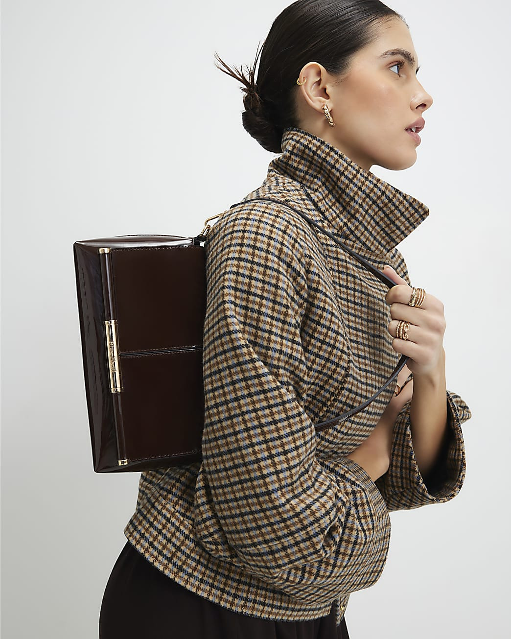 Brown Patent Bar Front Clutch Bag | River Island UK & IE