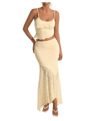 PRSFPN Women's 2 Piece Outfits Ruffled Cami Crop Top & Flowy Maxi Skirt Boho Chic Sets (Apricot, Small) | Amazon (US)