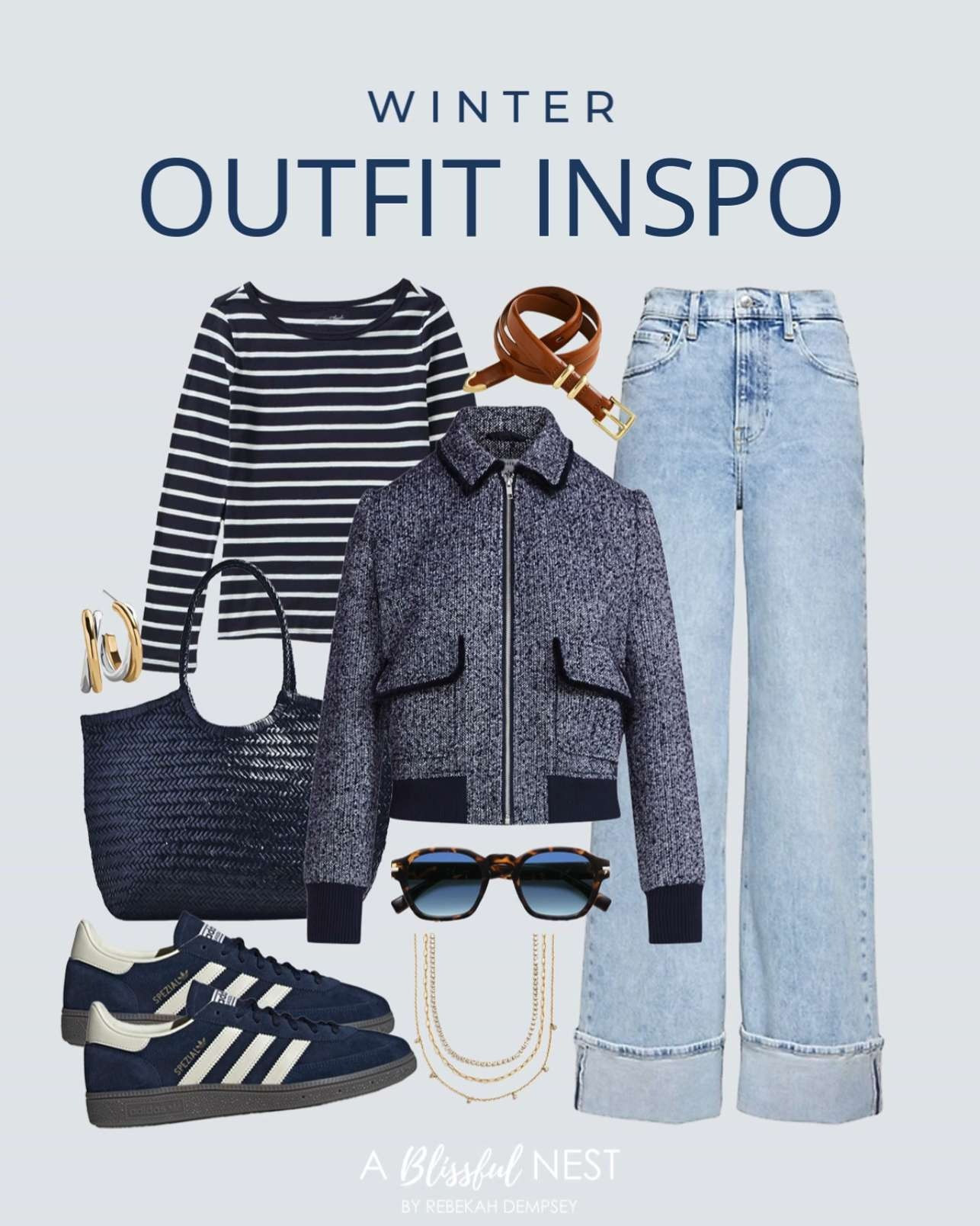 Cold weather outfits that are warm, chic, and easy to repeat. Tap to browse.
tweed bomber jacket, long sleeve T-shirt, high rise wide leg jeans, gold waterproof necklace, vintage retro polarized sunglasses, Italian leather belt, gold earrings, woven leather tote bag, Adidas blue shoes. 

 #LTKootd #LTKSeasonal #LTKMidsize