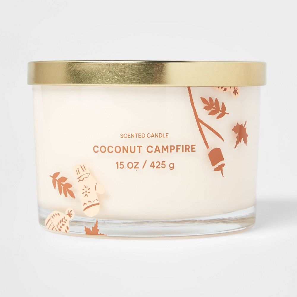 15oz Lidded Glass Jar Cream Novelty Fall Print 3-Wick Coconut Campfire Candle - Opalhouse™ | Target