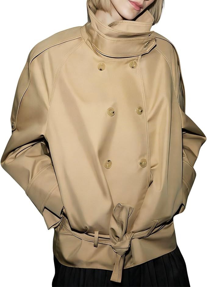 Chevara Women’s Cropped Trench Coat Casual Double Breasted High Neck Long Sleeve Spring Fall Sh... | Amazon (US)