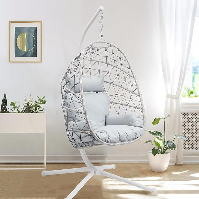 Hanging Egg Chair, Wicker Egg Swing Chair with Stand, Thickened Metal and UV Resistant Cushion In... | Amazon (US)