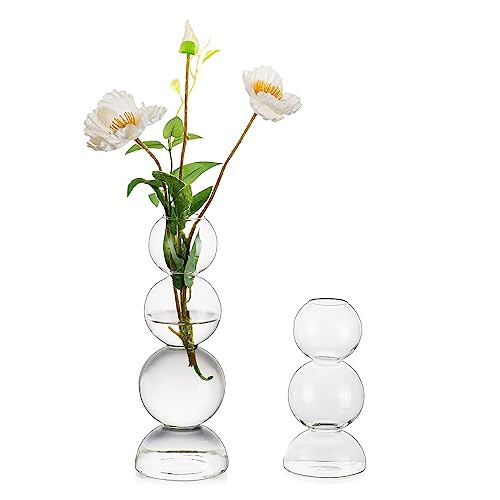 Glass Bubble Vases for Flowers, Hewory 2pcs Clear Unique Cute Single Flower Vase for Centerpieces, Funky Aesthetic Vase Skinny Bud Vase, Cool Groovy Decor for Home Living Room Bedroom Office Tabletop | Amazon (US)