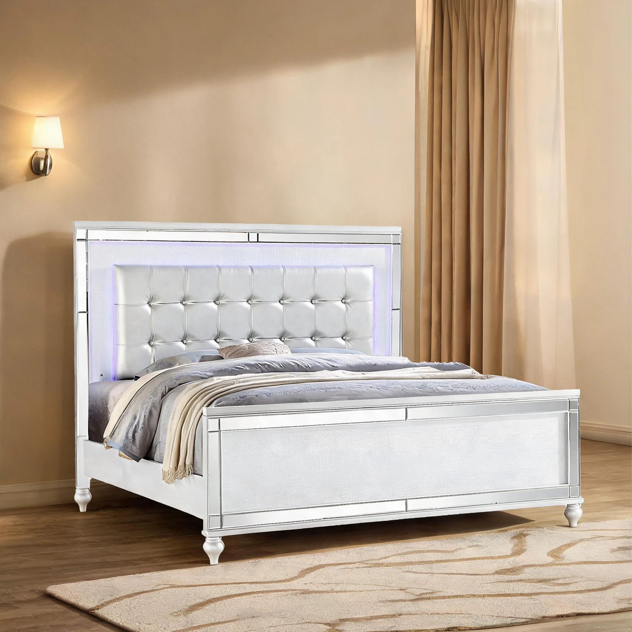 SunJet Crystal-Tufted Upholstered King Bed with LED Headboard in Clean White Wood Finish one_size | DI7RCEFF6C2Q | Lowe's