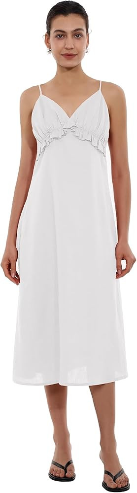Women's 100% Linen Maxi Dress Summer Dress V Neck Spaghetti Strap Ruffled Trim for Beach Vacation | Amazon (US)