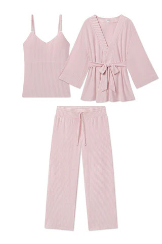 Maternity DreamModal Kimono Three-Piece Set in Carnation Pencil Stripe | Lake Pajamas
