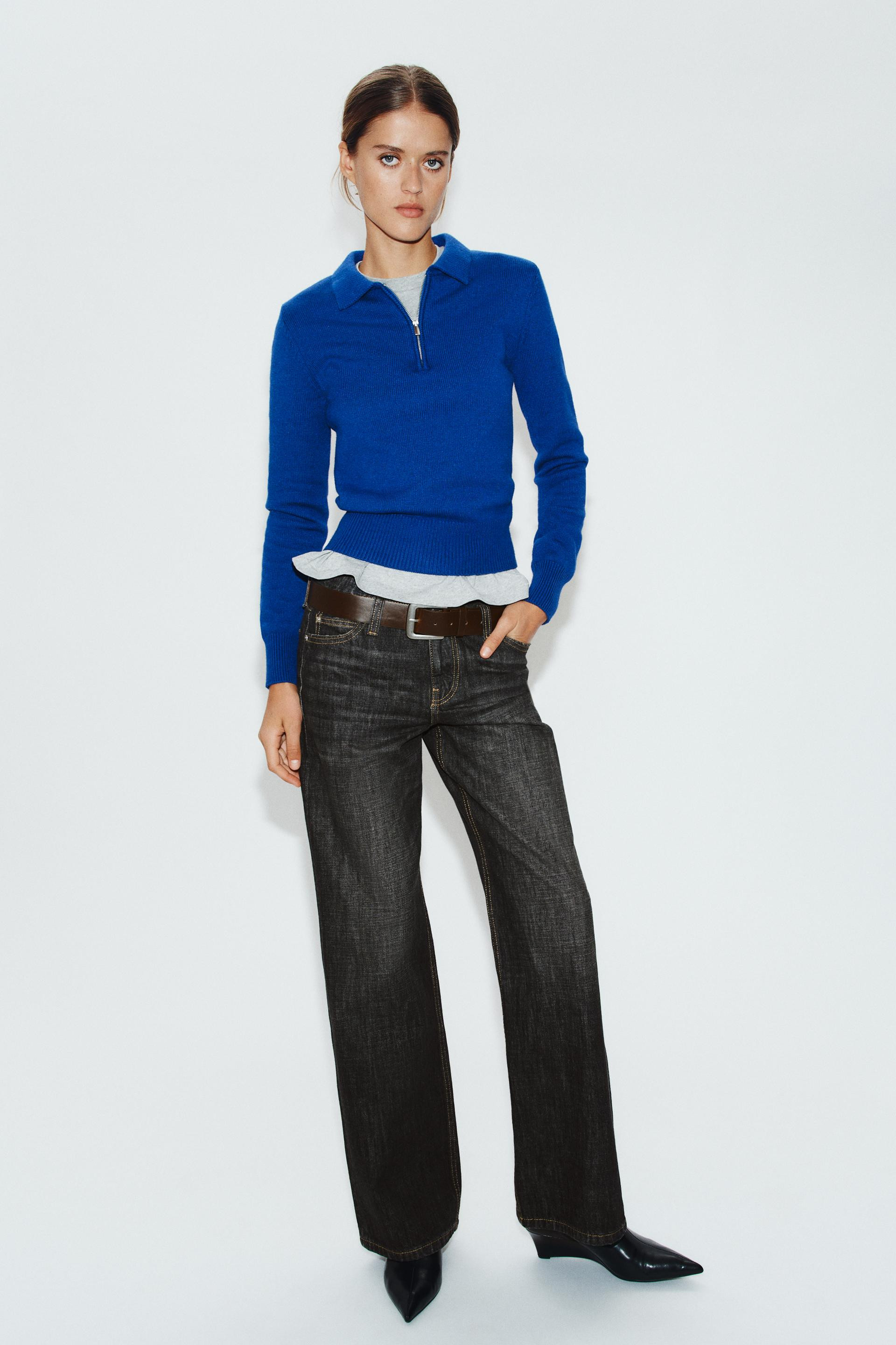 Zara - Zip Knit Polo - Bluish - S - Woman | Zara UK