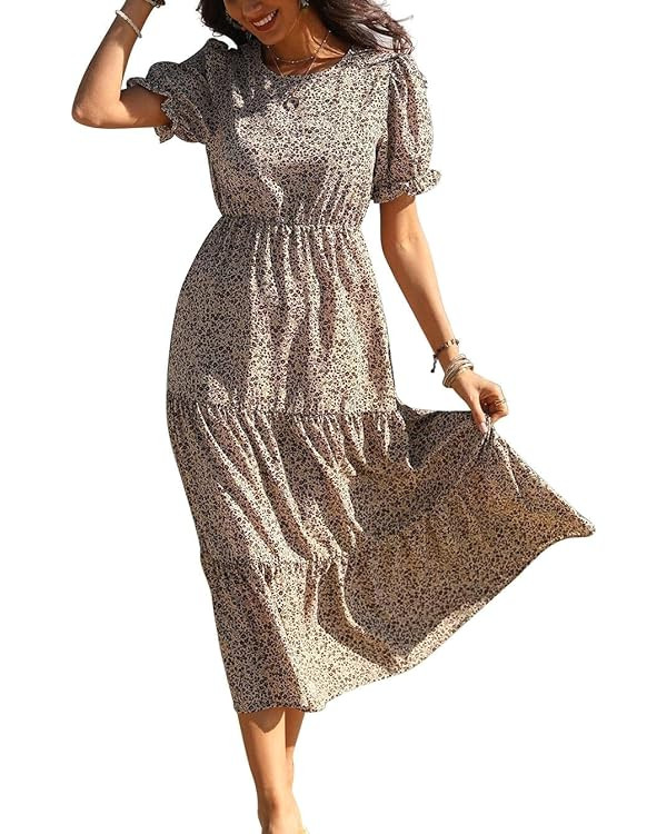 GRECERELLE Women's 2023 Summer Fall Casual Loose Crewneck Boho Dress Ruffle Puff Sleeve High Wais... | Amazon (US)