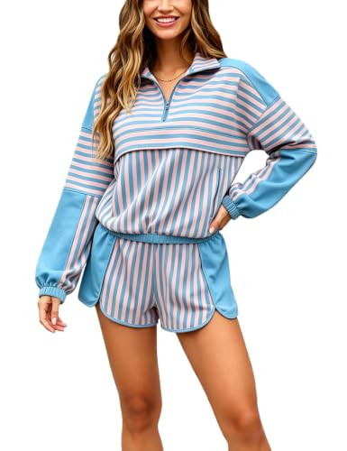HangNiFang Women's Lounge Striped 2 Piece Short Sets Color Block Half Zip Athletic Matching Set Outfit with Pockets(1330-Blue-S) | Amazon (US)