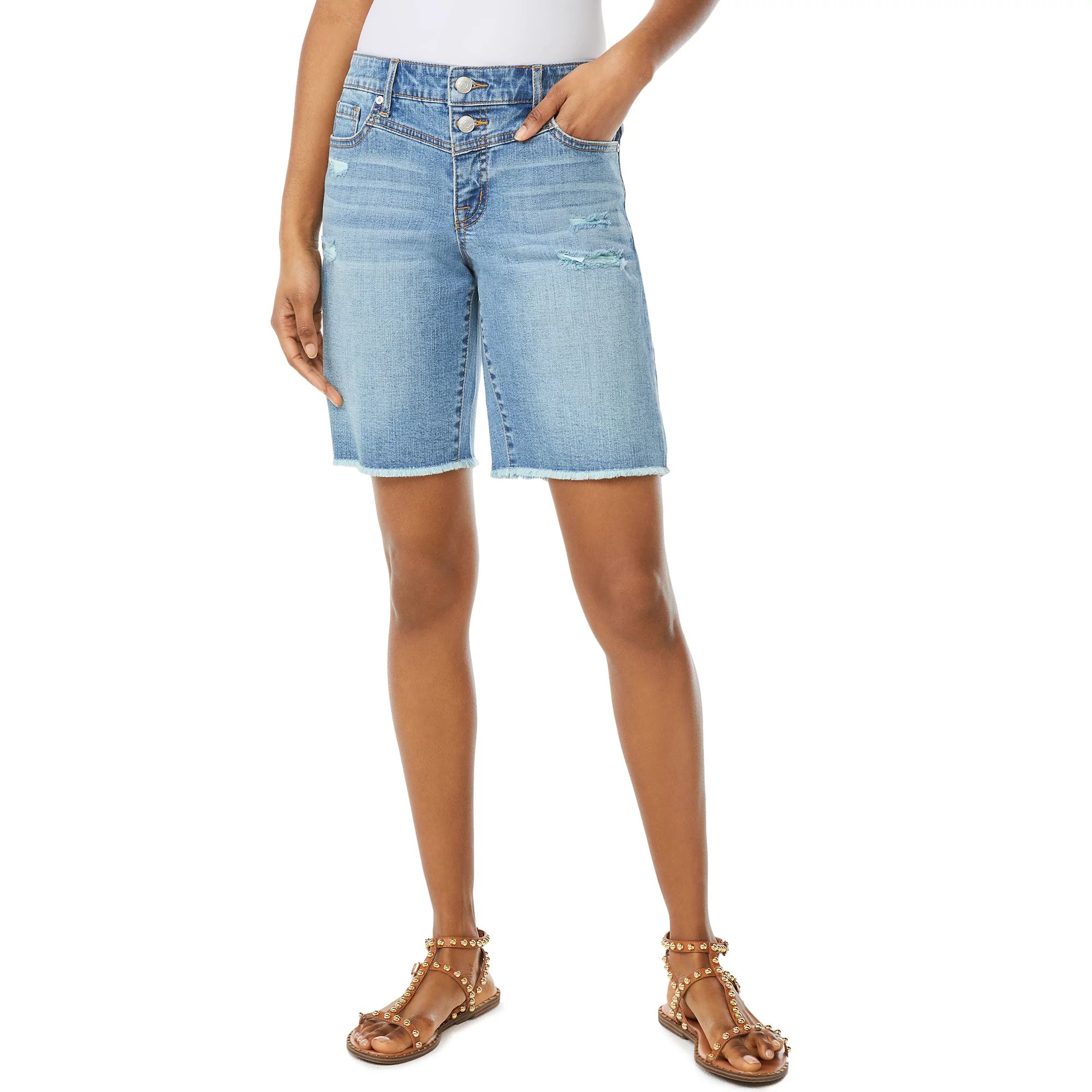 Scoop Women's Destructed Denim Bermuda Shorts | Walmart (US)