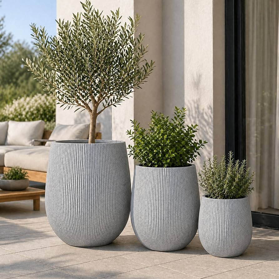 Set of 3 Fluted Round Polystone Indoor/Outdoor Planters, Gray, Sizes: 20.1 x 20.1 x 20.9 in., 15.... | Amazon (US)