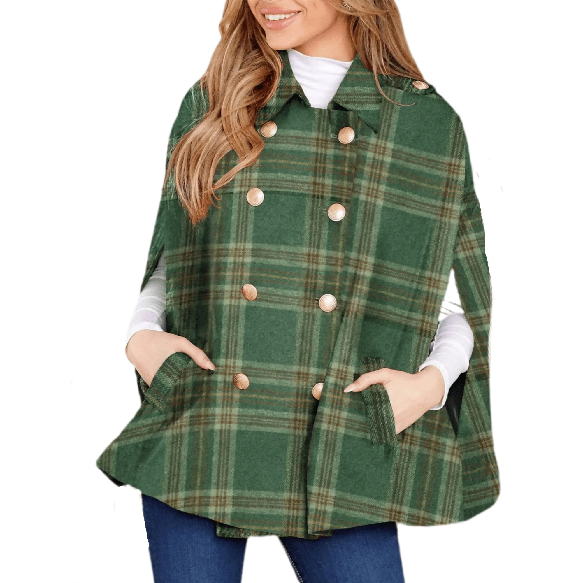 Women's Winter Autumn Coat Plaid Cape Double Breasted Poncho Jacket with Pockets Open Front Tunic... | Walmart (US)