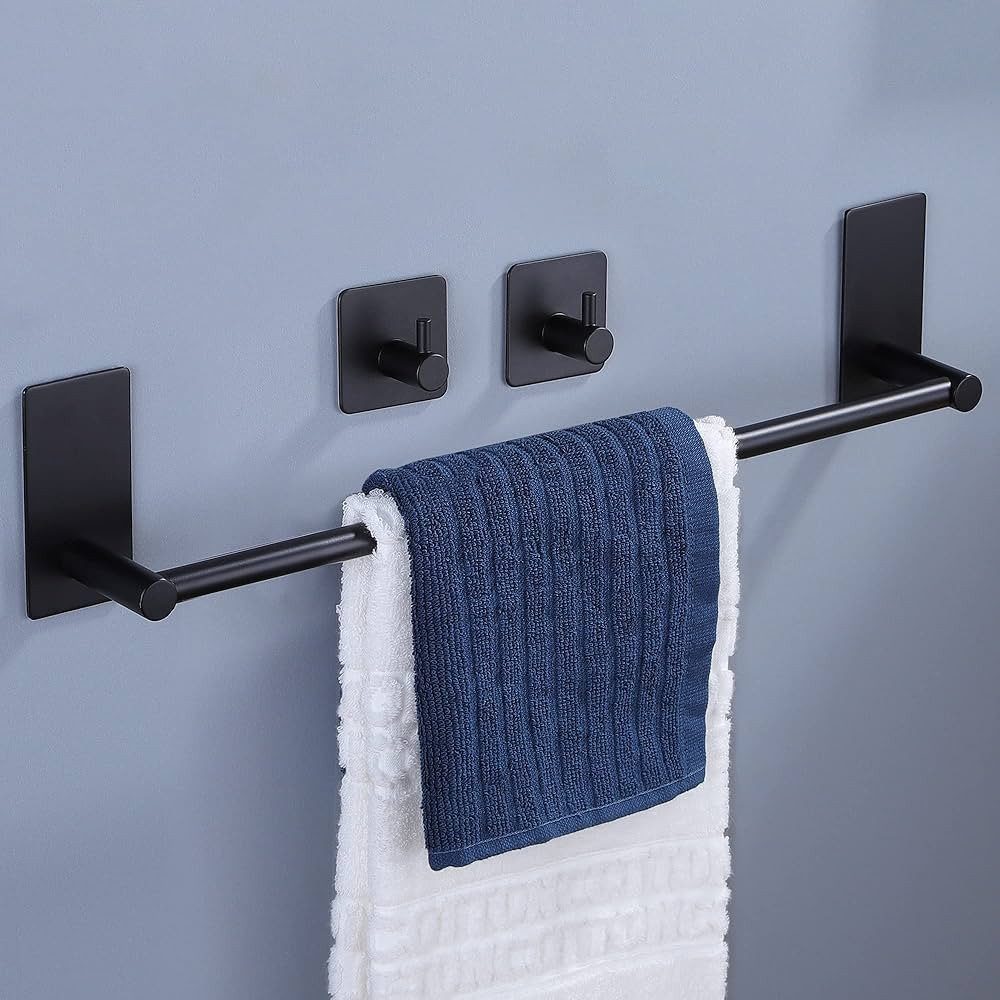 Taozun Towel Bar - Towel Holder with 2 Packs Adhesive Hooks Black 16-Inch Hand Towel Rack Stick on W | Amazon (US)