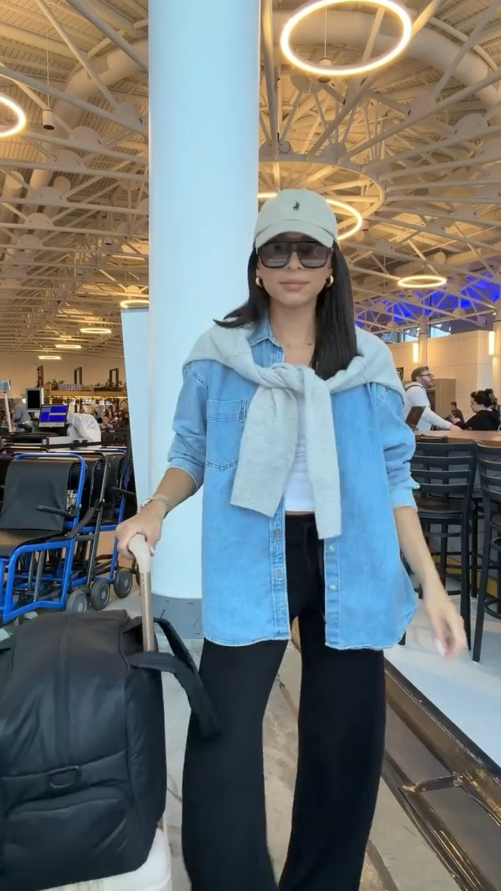 Comfy and chic airport outfit ✈️ These pants are so comfortable, lightweight and buttery soft! Paired with the softest denim shirt they make for a super cute and practical travel outfit! Use code NENAXSPANX for 15% off the pants - Wearing size S tall pants, S denim shirt (7 yrs pctr ths bleu), size S white tanks and size M sweater (sized up for an oversized fit)

errands outfit , loungewear, denim shirt jacket, denim jacket, Spanx pants, Spanx code, mom outfit, postpartum outfit, work from home outfit, travel outfits, closet staples, wardrobe staples

#LTKTravel #LTKSaleAlert #LTKSeasonal