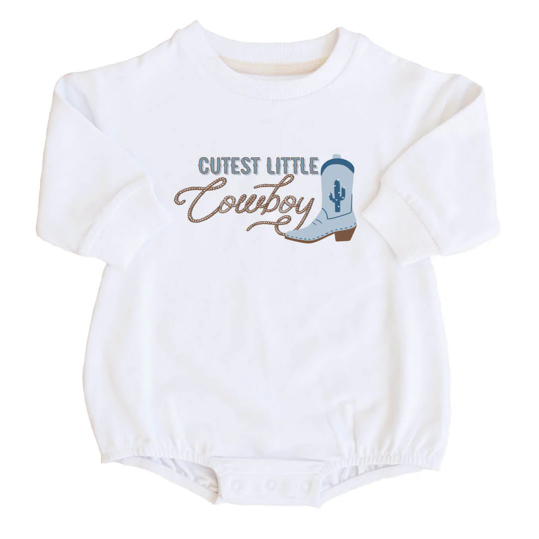 Cutest Little Cowboy Graphic Sweatshirt Bubble Romper | White | Caden Lane