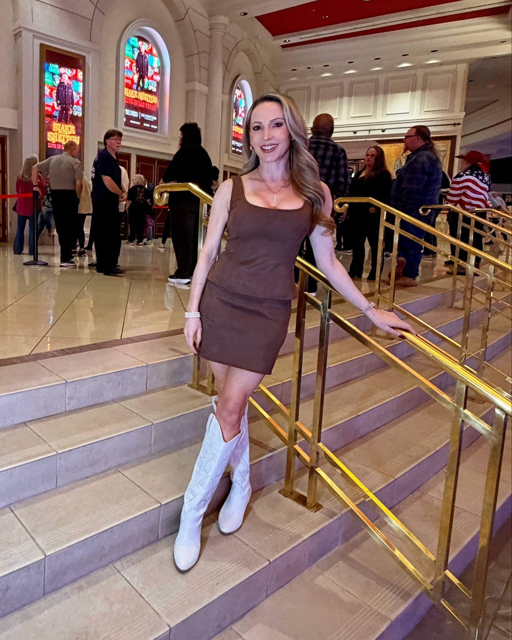 Vegas concert outfit/ country music concert outfit to see Blake Shelton in Las Vegas. Superdown matching brown suede skirt and top and white cowboy boots from Amazon that were affordable and are so super comfortable! 

#LTKFindsUnder100 #LTKPetite #LTKootd
